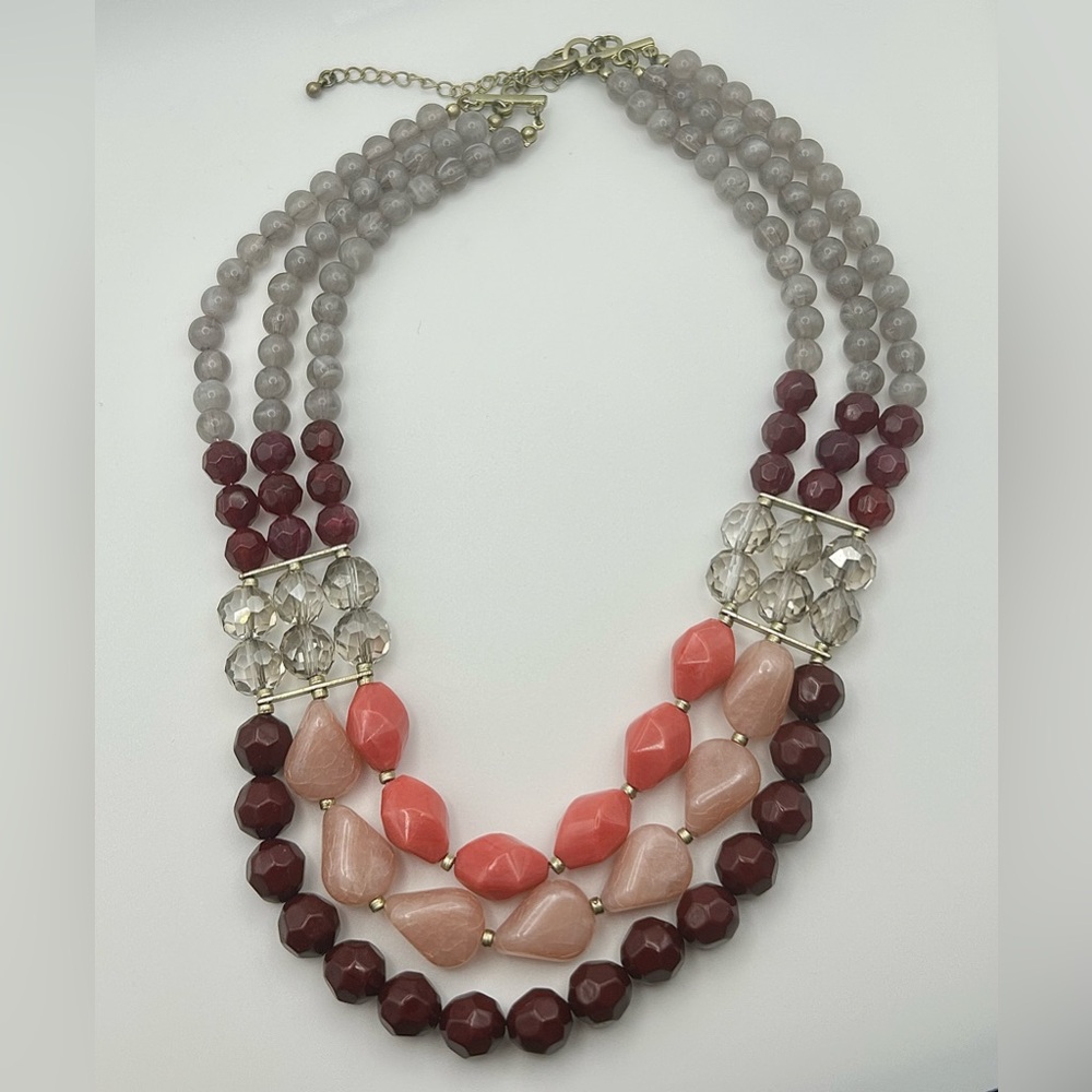 Multi-Strand Pink, Burgundy, Gray Glass Beaded Necklace with Gold Tone Accents